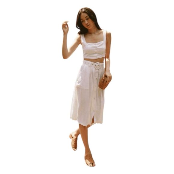 Charlie Holiday Fleur Linen Belted Midi Skirt Ecru Knit 4 - Picture 1 of 7